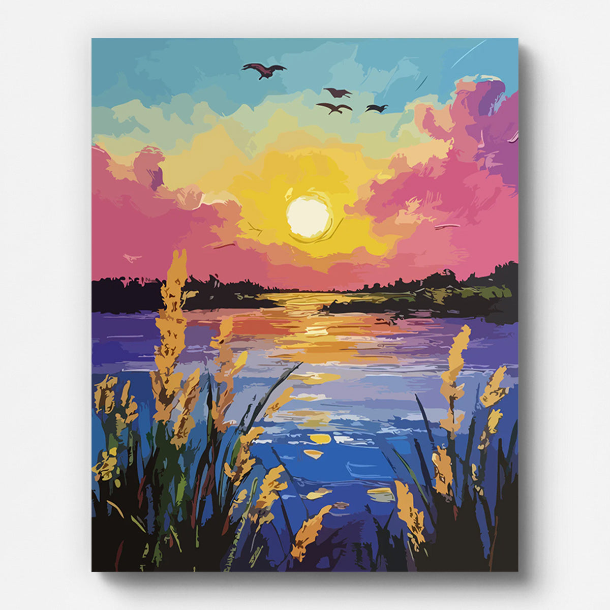Sunset Lake with Reeds Paint by Numbers for Adults by Paintarthub - Finished Wall Art