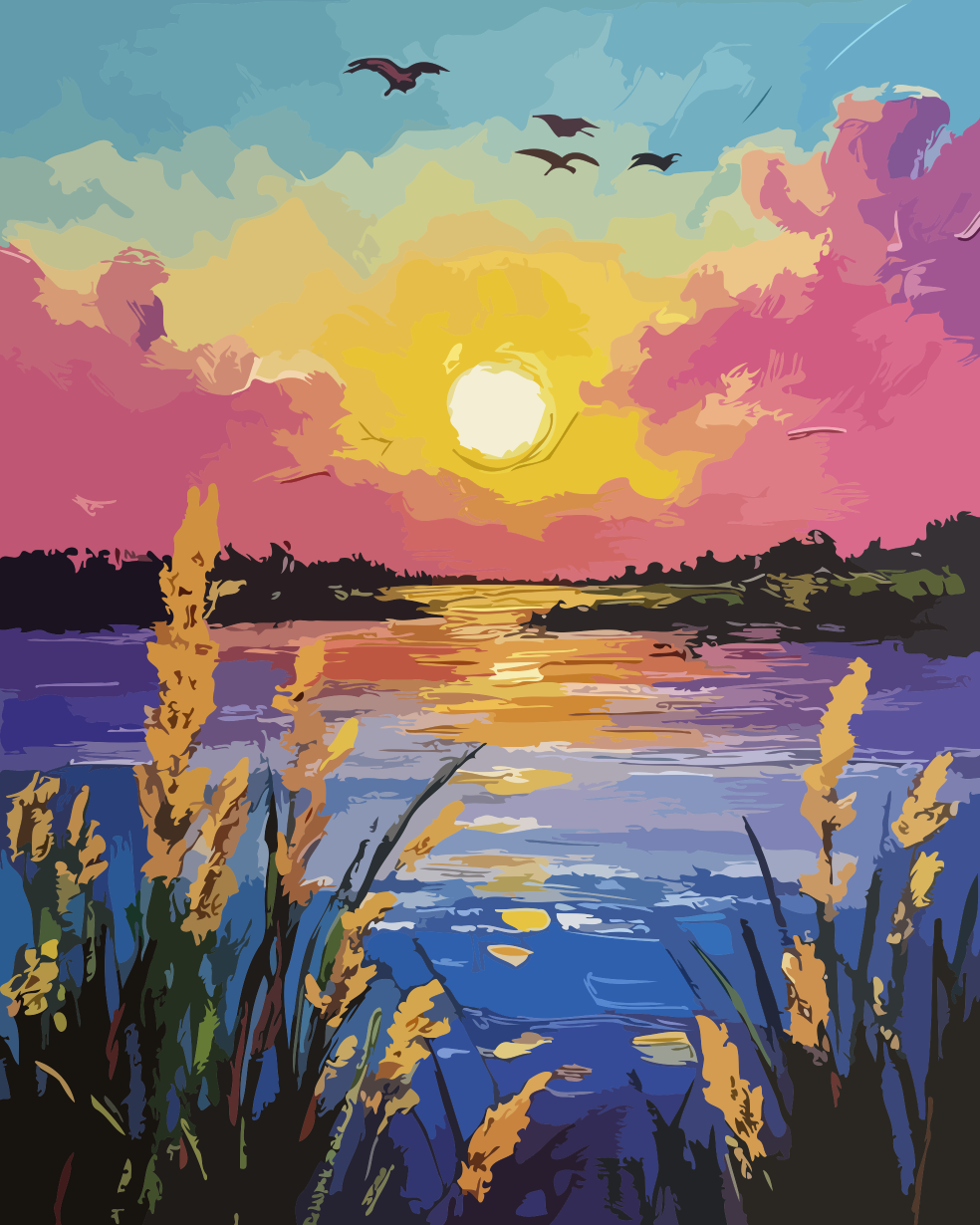 Sunset Lake with Reeds Paint by Numbers for Adults by Paintarthub