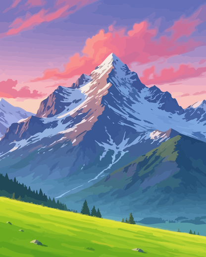 Sunset over Snowy Meadow Paint by Numbers for Adults by Paintarthub