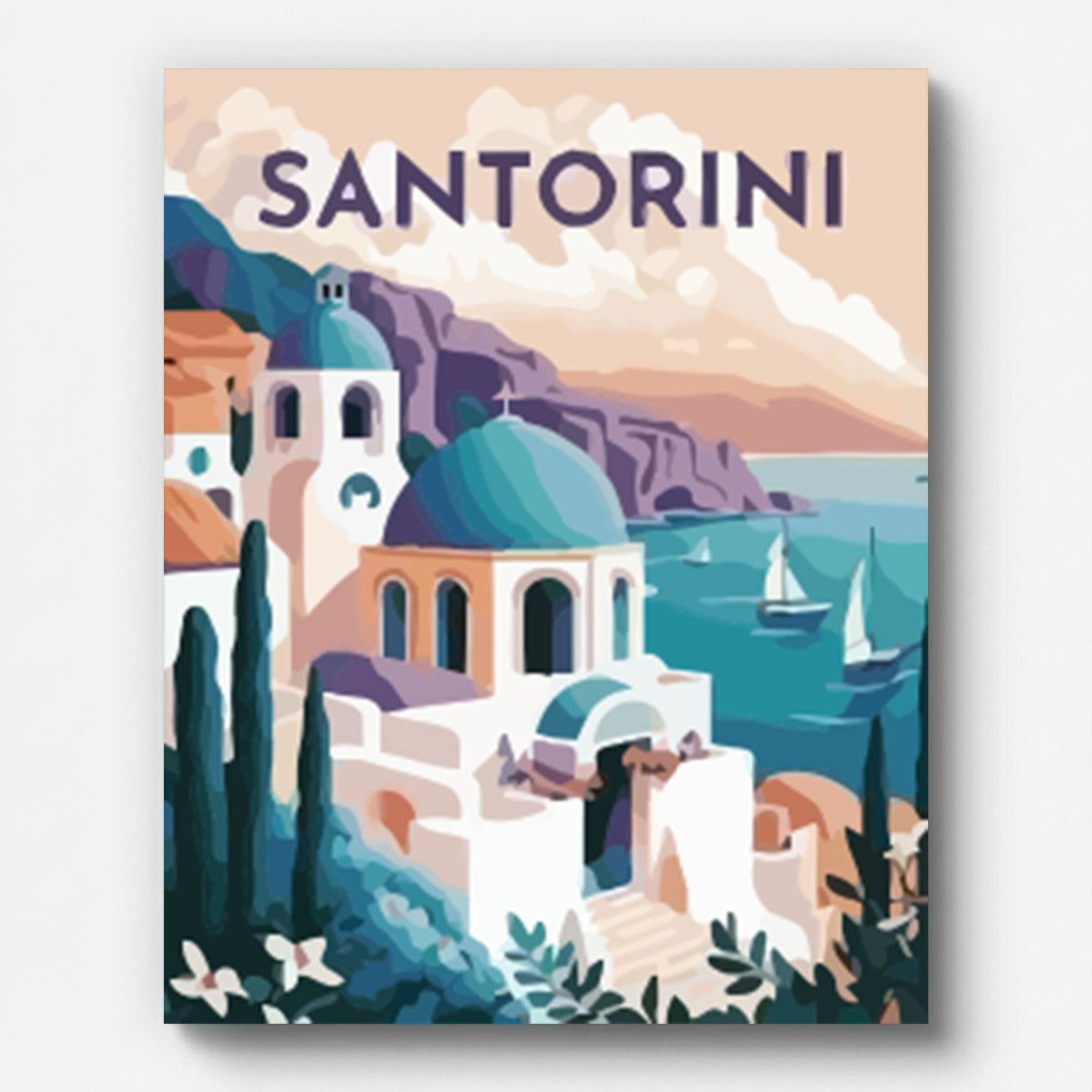 Travel Poster Santorini Paint by Numbers for Adults by Paintarthub - Finished Wall Art