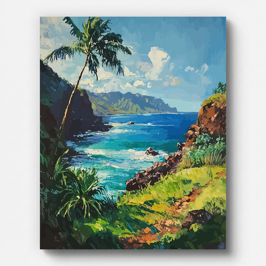 Tropical Bay Coconut Trees Paint by Numbers for Adults by Paintarthub - Finished Wall Art