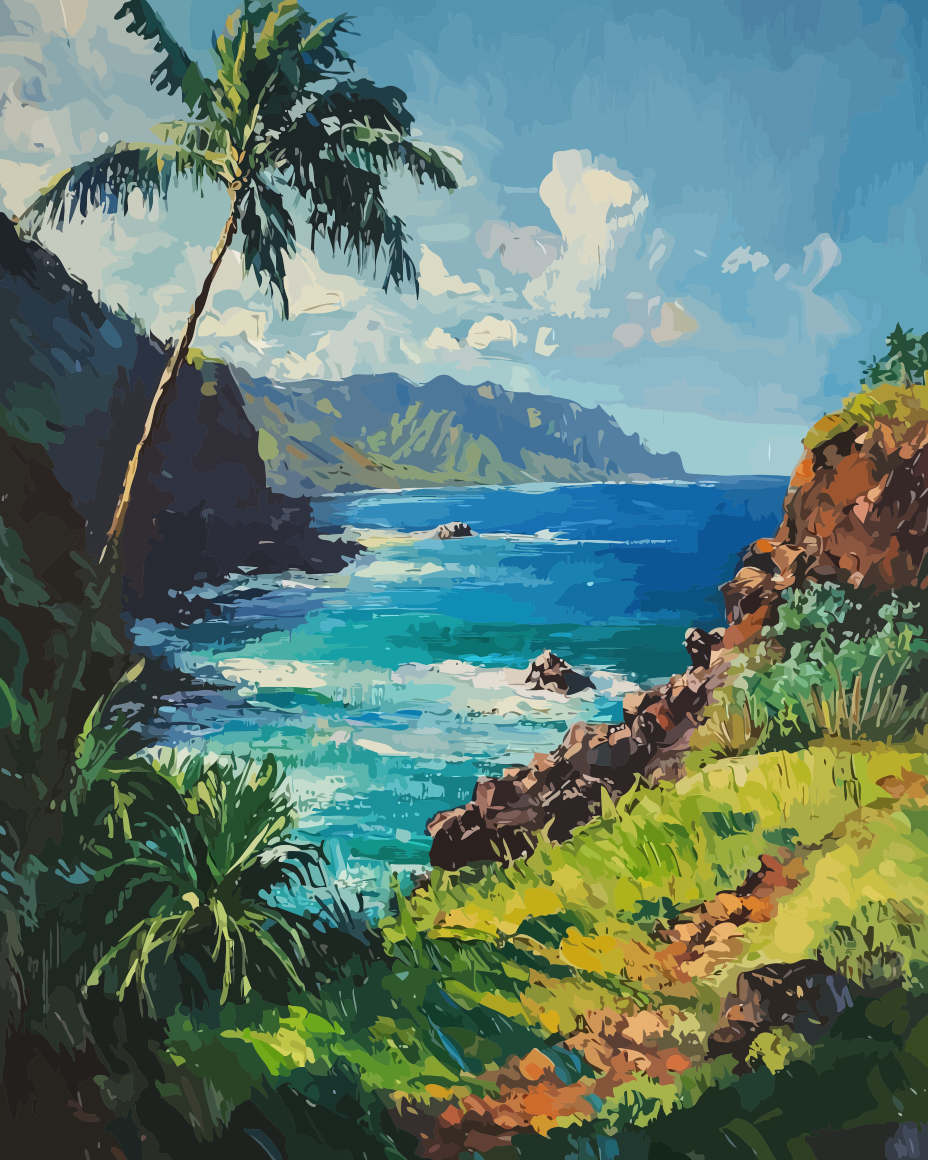 Tropical Bay Coconut Trees Paint by Numbers for Adults by Paintarthub