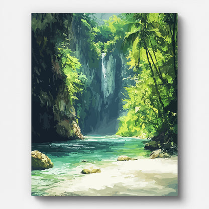 Tropical Rainforest Waterfall Paint by Numbers for Adults by Paintarthub - Finished Wall Art