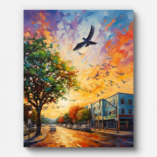 Vibrant City Sunset Streets Paint by Numbers for Adults by Paintarthub - Finished Wall Art