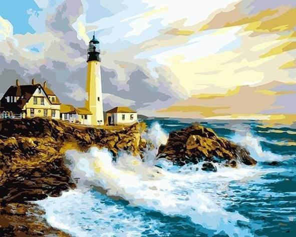 Waves Next to Lighthouse Paint by Numbers for Adults by Paintarthub
