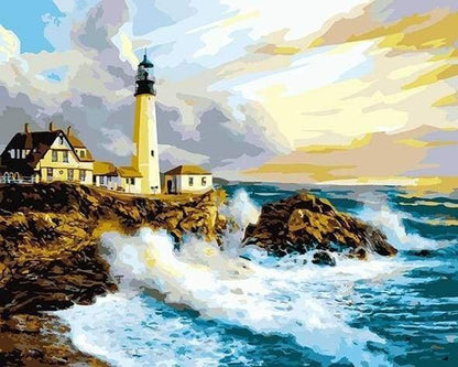 Waves Next to Lighthouse Paint by Numbers for Adults by Paintarthub