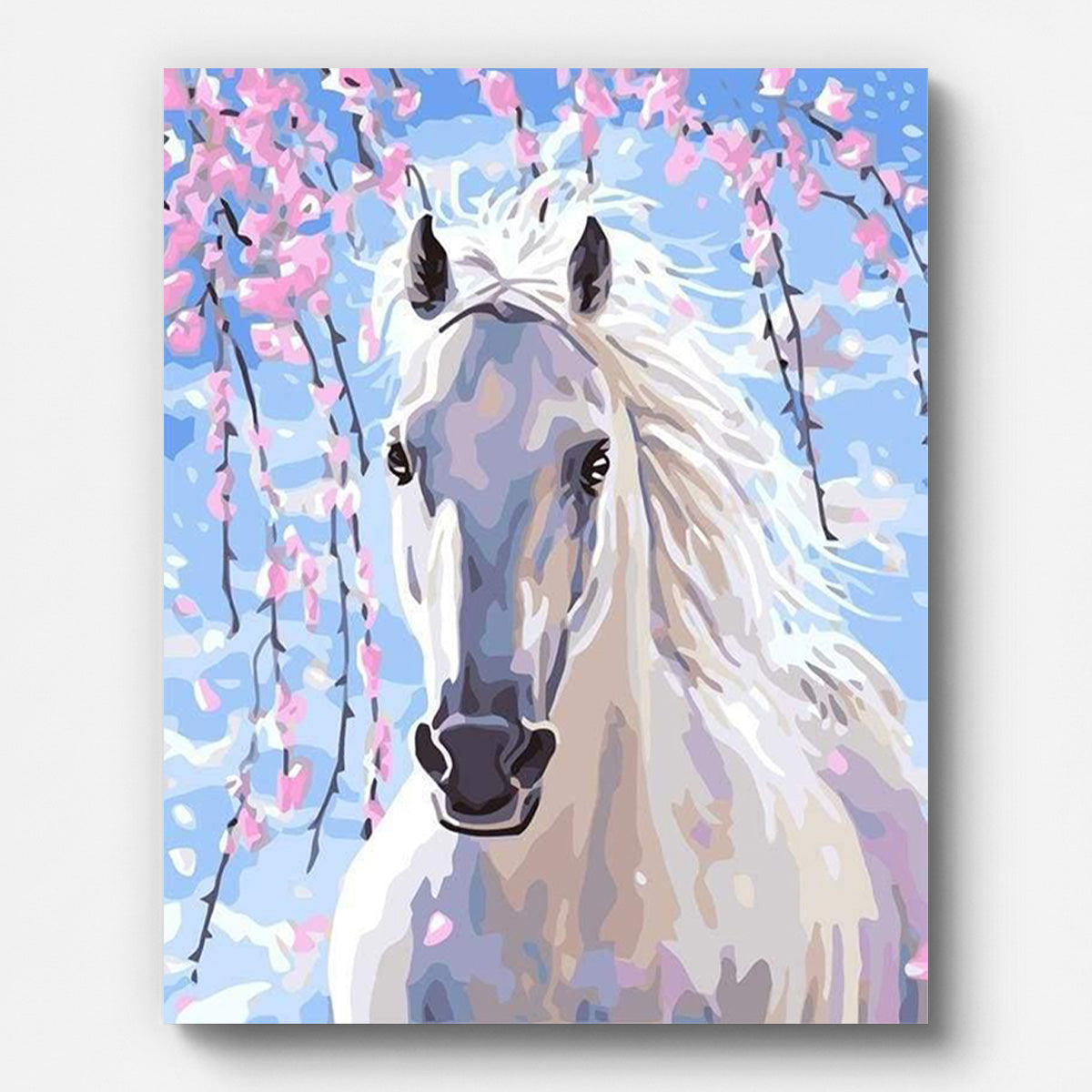 White Horse And Pink Flowers Paint by Numbers for Adults by Paintarthub - Finished Wall Art