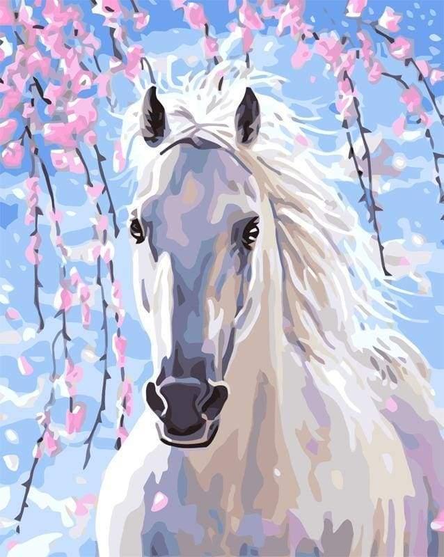 White Horse And Pink Flowers Paint by Numbers for Adults by Paintarthub