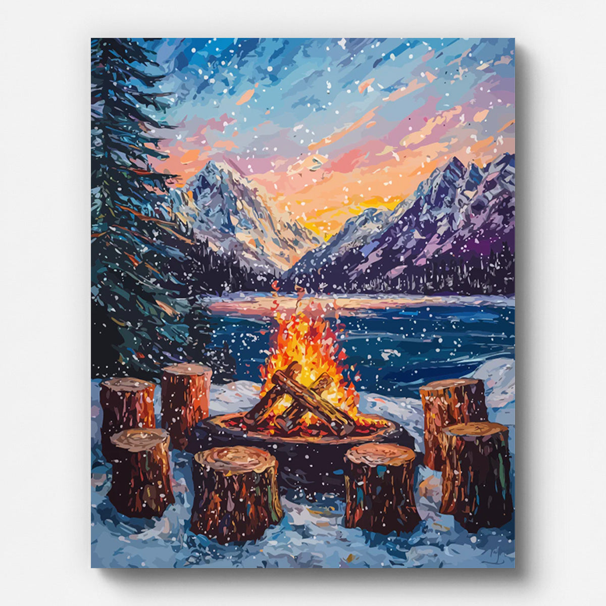 Winter Lake Bonfire Paint by Numbers for Adults by Paintarthub - Finished Wall Art