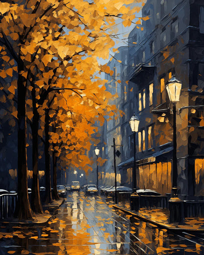 Yellow Leaves Street Paint by Numbers for Adults by Paintarthub