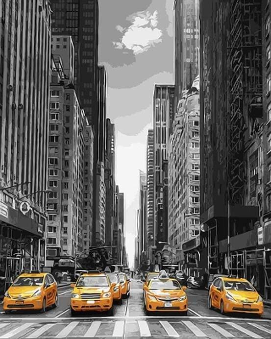 Yellow Taxis in Modern City Paint by Numbers for Adults by Paintarthub