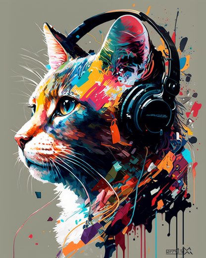 A Colorful Cat Wearing A Headset Paint by Number Free Shipping - Paintarthub