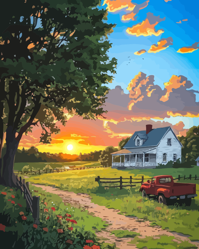 Sunset Country House Paint by Numbers for Adults by Paintarthub
