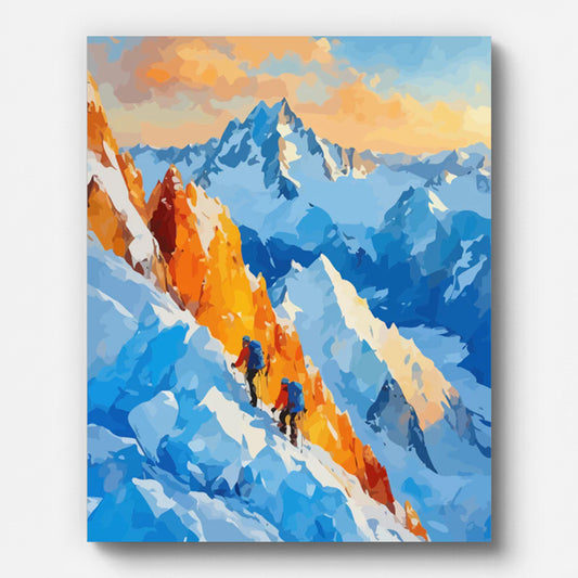 Adventurers on Snowy Peak Paint by Numbers shown on a stretched canvas