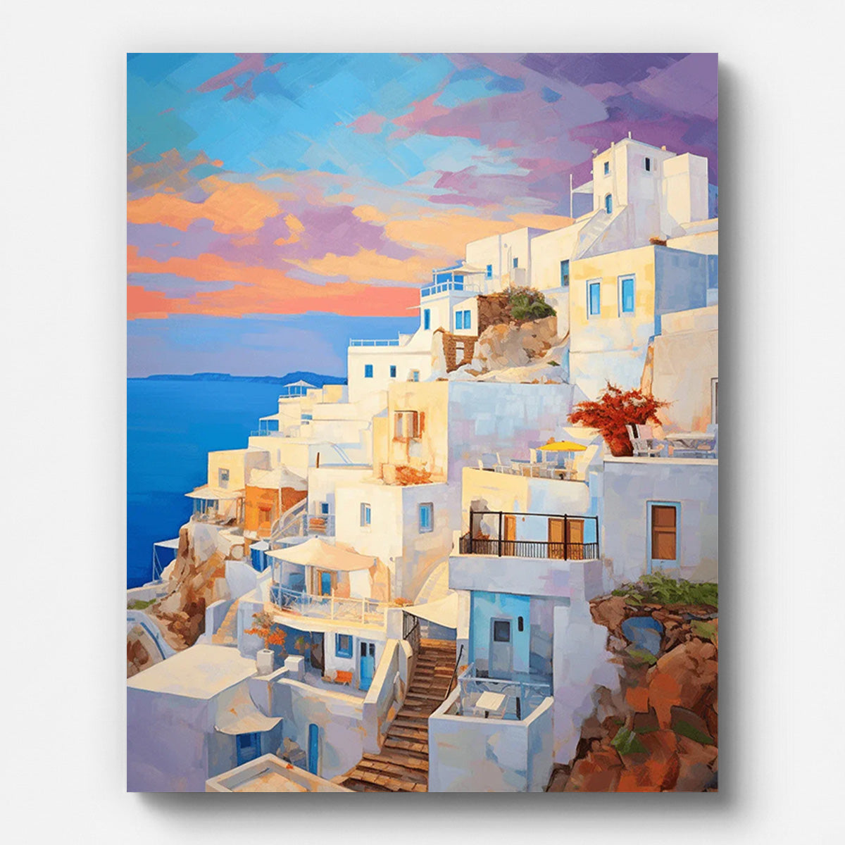 Aegean Sea and Greek Island Town Paint by Numbers shown on a stretched canvas