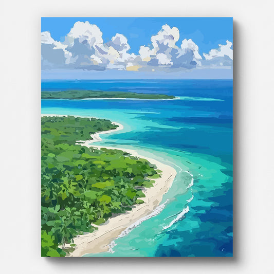Aerial Coastal View Paint by Numbers shown on a stretched canvas