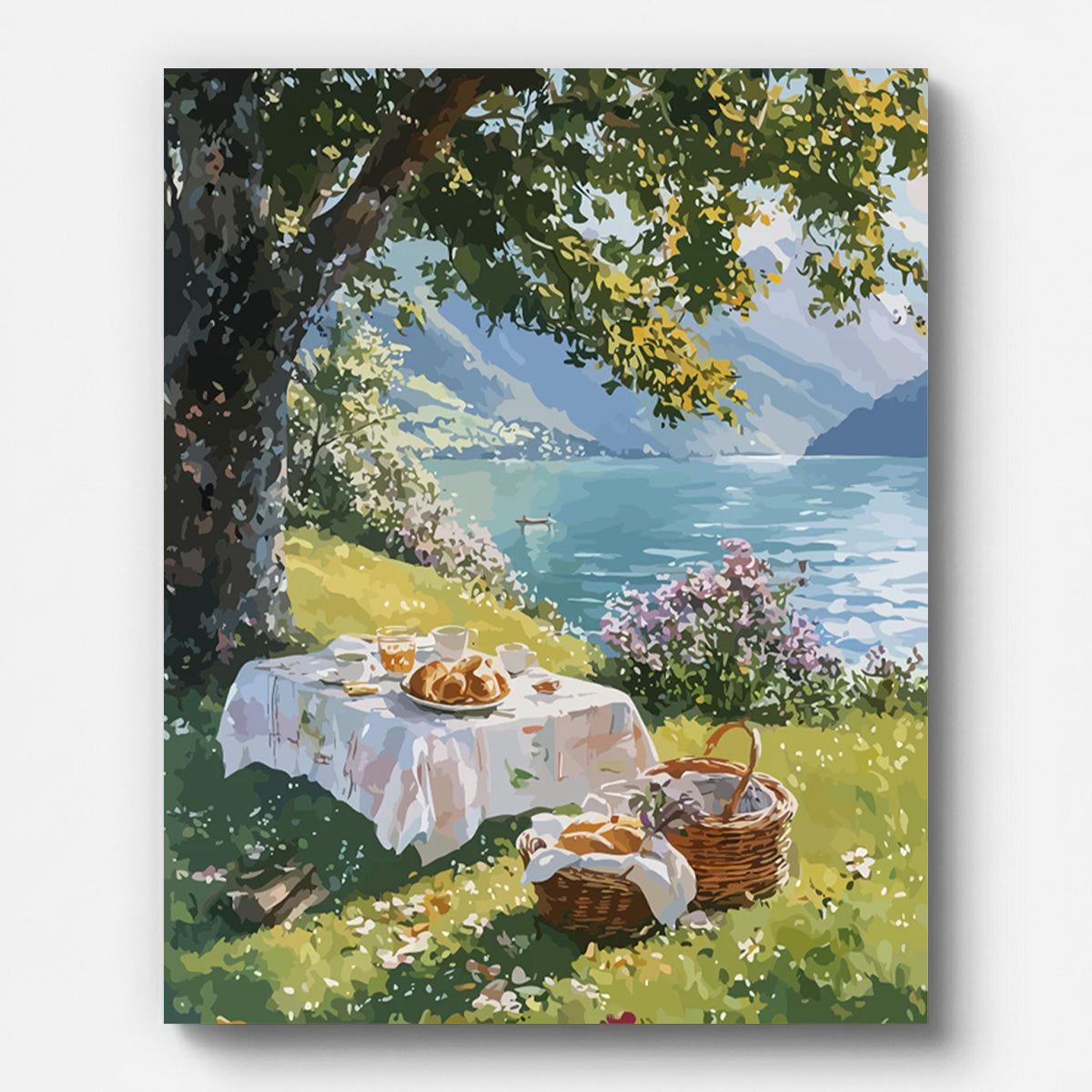 Afternoon Lakeside Picnic Paint by Numbers shown on a stretched canvas