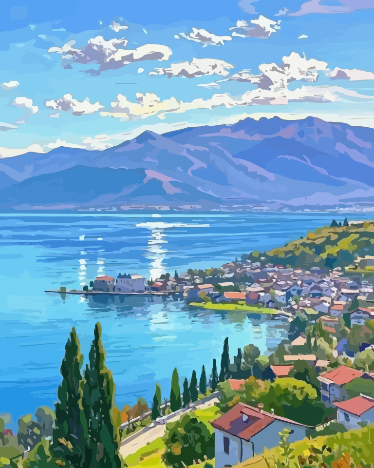 Full artwork design for Alpine Lakeside Town Paint by Numbers