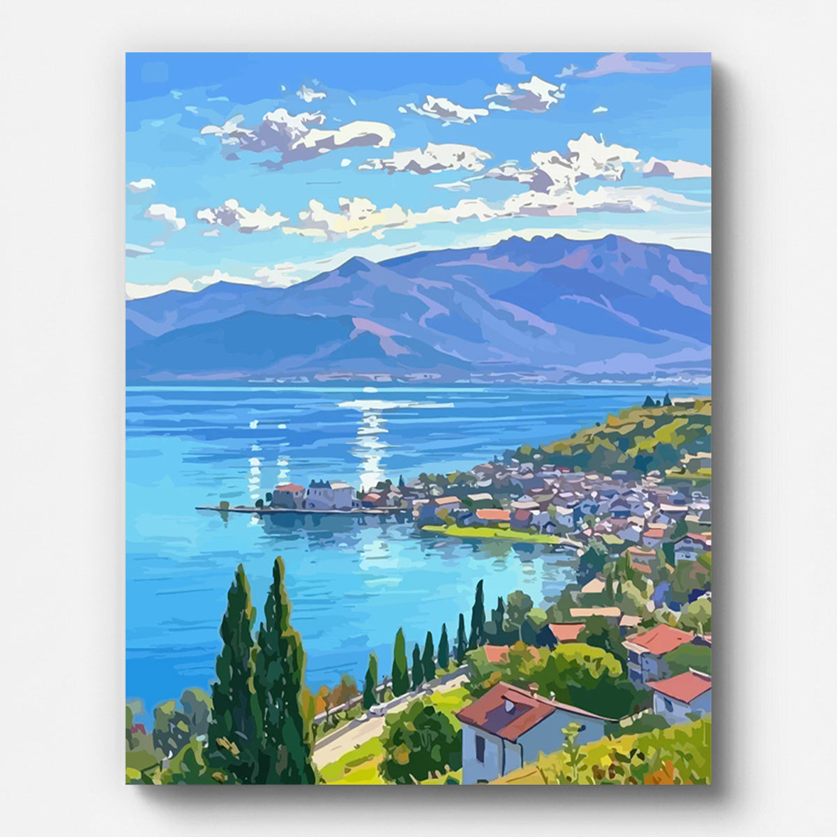 Alpine Lakeside Town Paint by Numbers shown on a stretched canvas