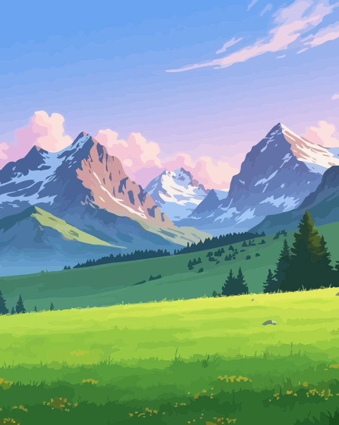 Full artwork design for Alpine Meadow and Snowy Peaks Paint by Numbers