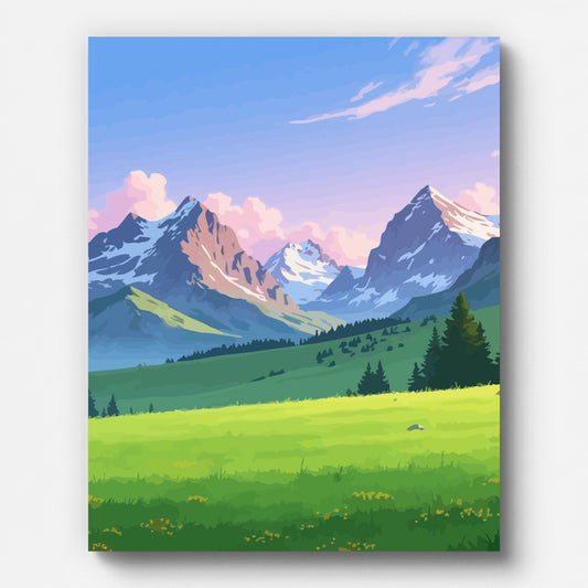 Alpine Meadow and Snowy Peaks Paint by Numbers shown on a stretched canvas