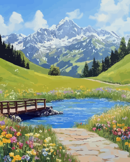 Full artwork design for Alpine Mountain Meadow Paint by Numbers