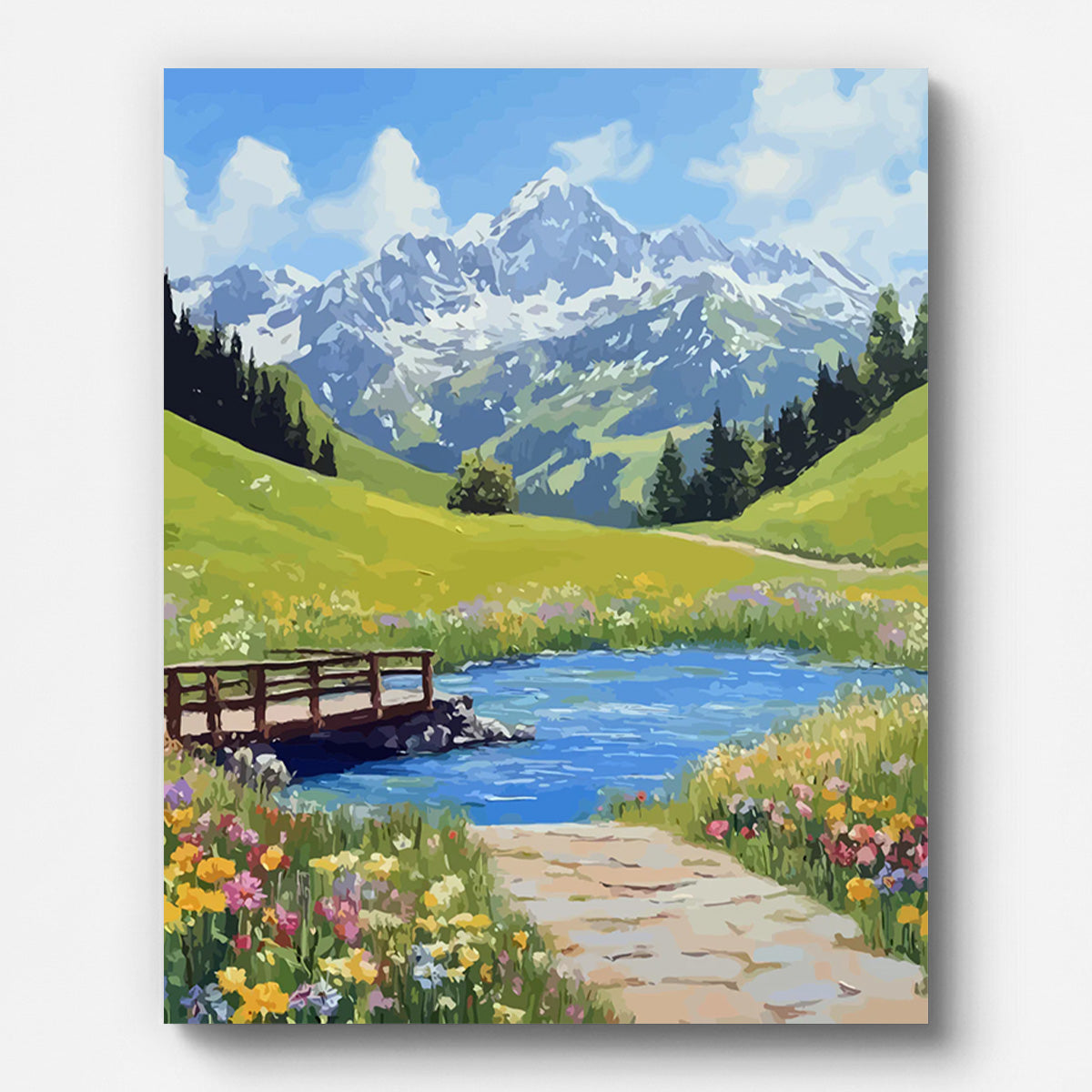 Alpine Mountain Meadow Paint by Numbers shown on a stretched canvas