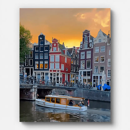 Amsterdam bei Sonnenuntergang – Malen nach Zahlen auf gespannter Leinwand