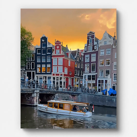 Amsterdam bei Sonnenuntergang – Malen nach Zahlen auf gespannter Leinwand