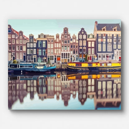 Amsterdam Canal Paint by Numbers shown on a stretched canvas