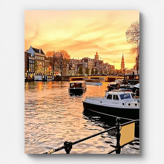 Amsterdam am Fluss – Malen nach Zahlen auf gespannter Leinwand