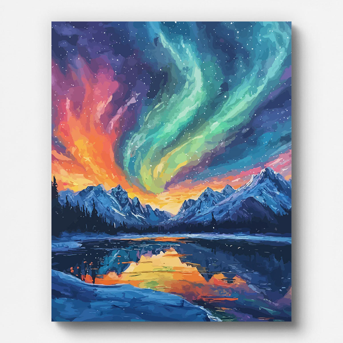 Aurora Lake Paint by Numbers shown on a stretched canvas