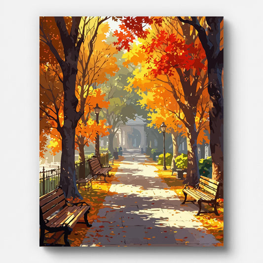 Autumn City Park Paint by Numbers shown on a stretched canvas