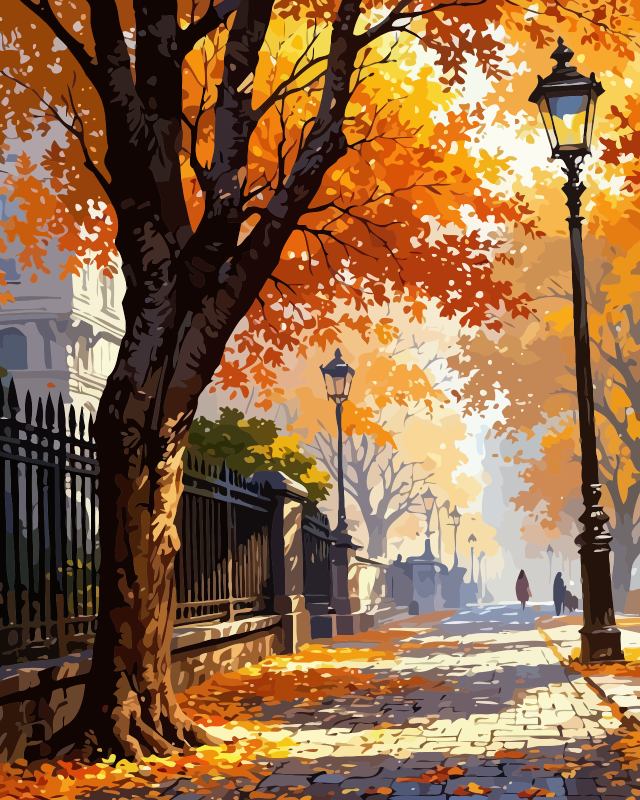 Full artwork design for Autumn City Street Paint by Numbers