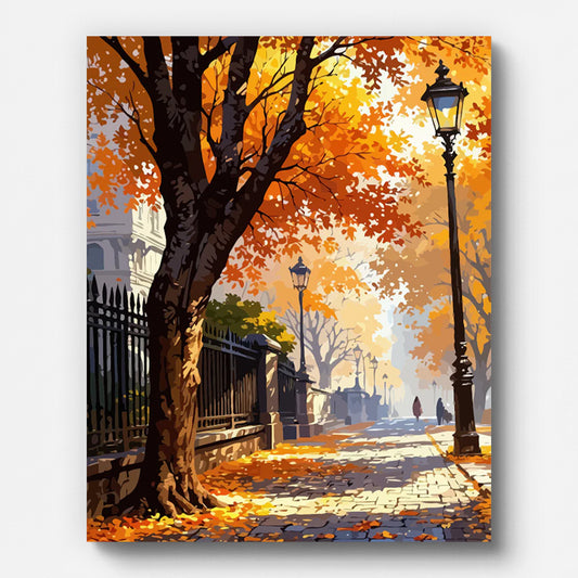 Autumn City Street Paint by Numbers shown on a stretched canvas