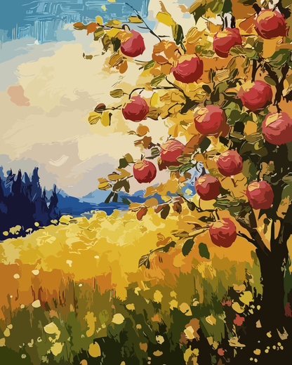 Full artwork design for Autumn Countryside Apple Tree Paint by Numbers