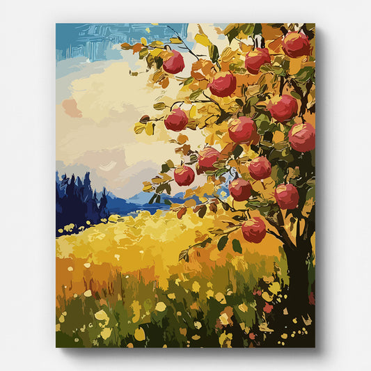 Autumn Countryside Apple Tree Paint by Numbers shown on a stretched canvas