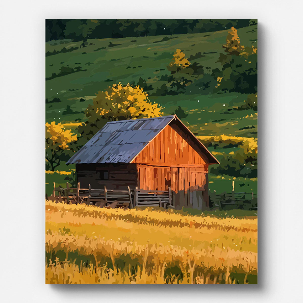 Autumn Countryside Barn Paint by Numbers shown on a stretched canvas