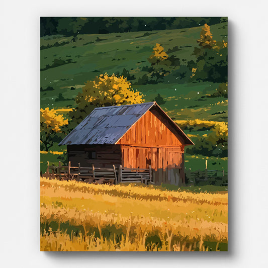Autumn Countryside Barn Paint by Numbers shown on a stretched canvas