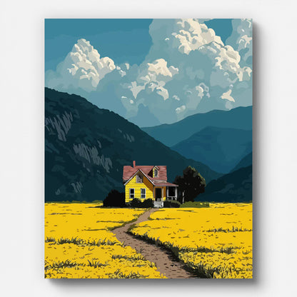 Autumn Countryside Farmhouse Paint by Numbers shown on a stretched canvas