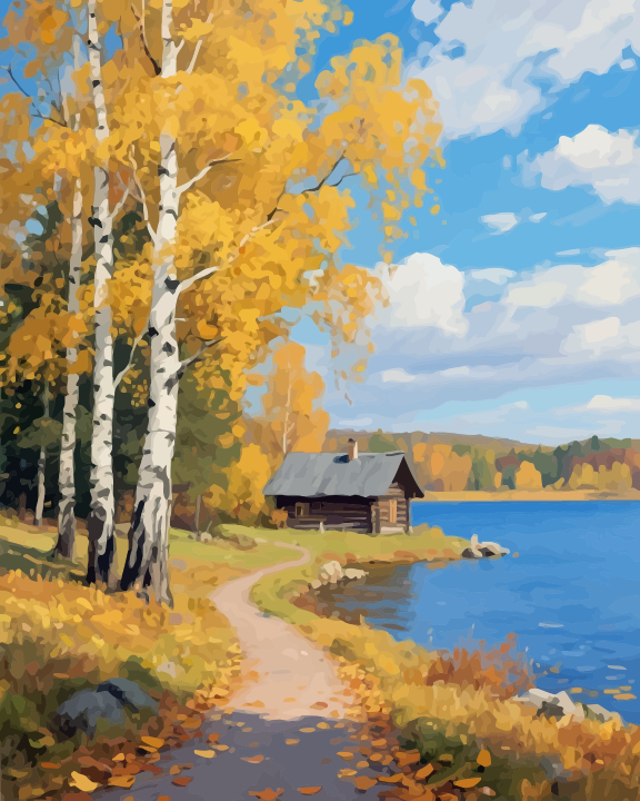 Cabane et lac en automne – visuel complet de la peinture par numéros