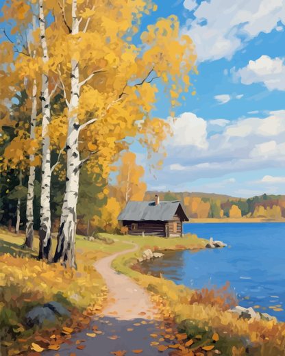 Cabane et lac en automne – visuel complet de la peinture par numéros