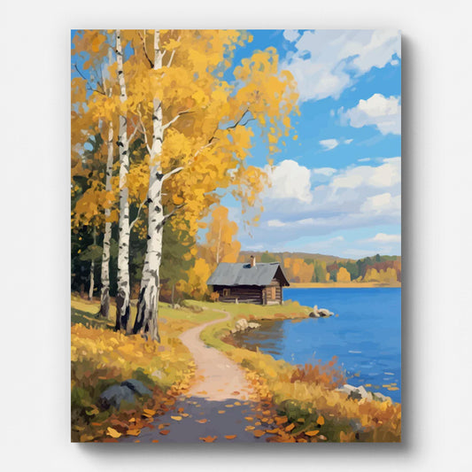 Autumn Countryside Lake Paint by Numbers shown on a stretched canvas