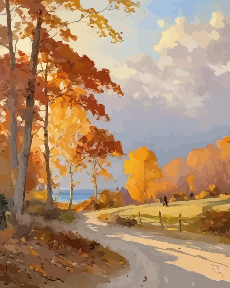 Full artwork design for Autumn Countryside Lane Paint by Numbers