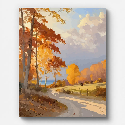Autumn Countryside Lane Paint by Numbers shown on a stretched canvas