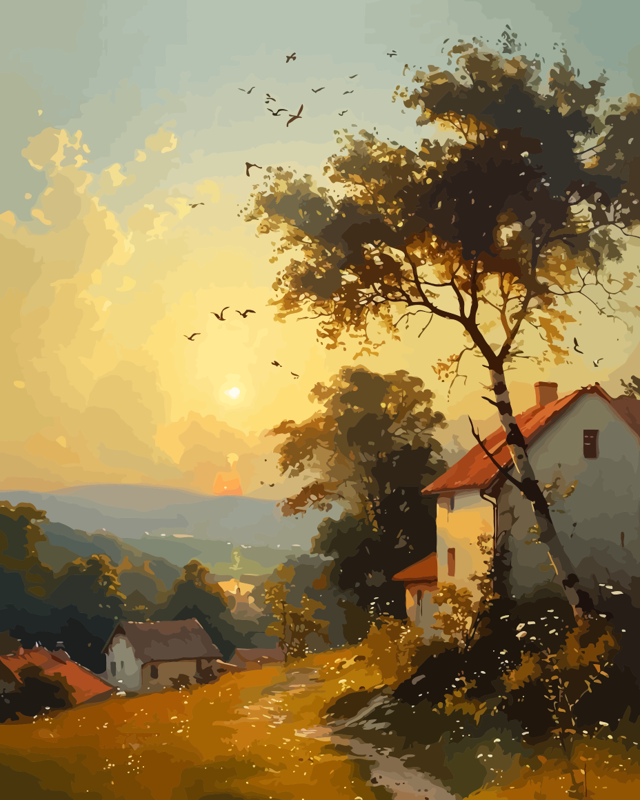Full artwork design for Autumn Countryside Sunset Paint by Numbers