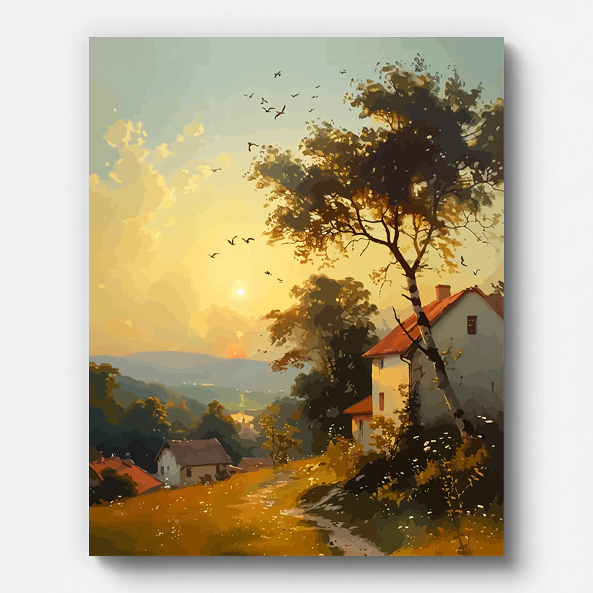 Autumn Countryside Sunset Paint by Numbers shown on a stretched canvas