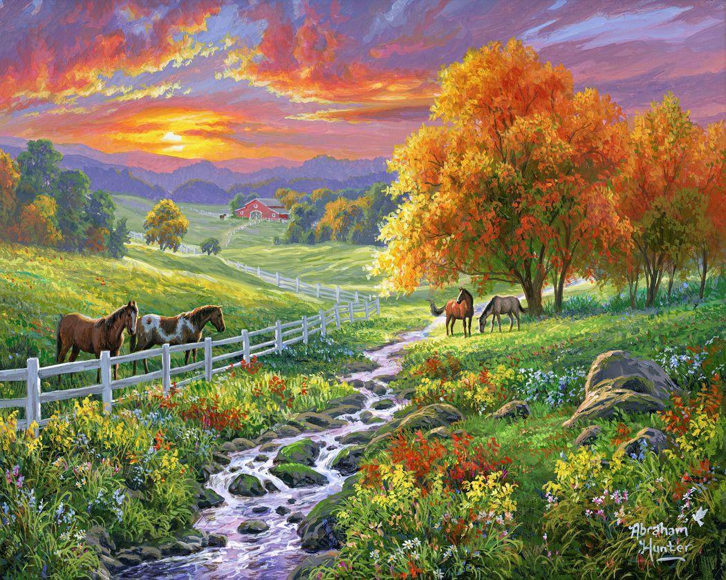 Full artwork design for Autumn Countryside with Horses Paint by Numbers