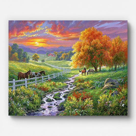 Autumn Countryside with Horses Paint by Numbers shown on a stretched canvas