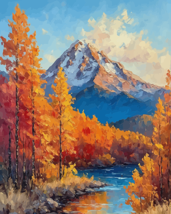 Full artwork design for Autumn Forest and Snowy River Paint by Numbers